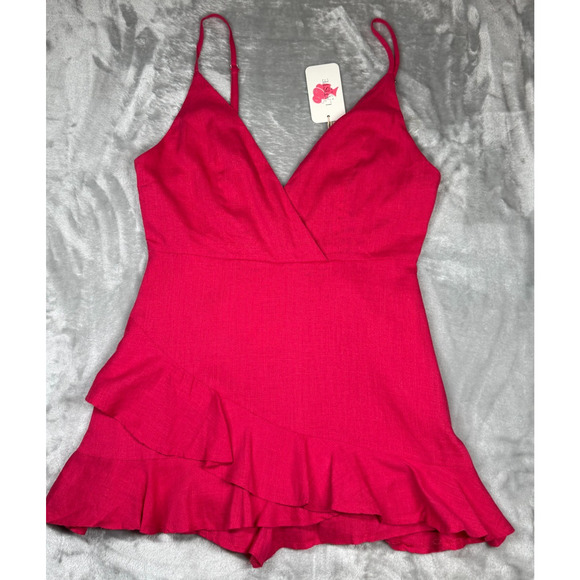 New Latiste by Amy Large Hot Pink V-Neck Romper Linen Blend Adjustable Straps - Picture 5 of 9